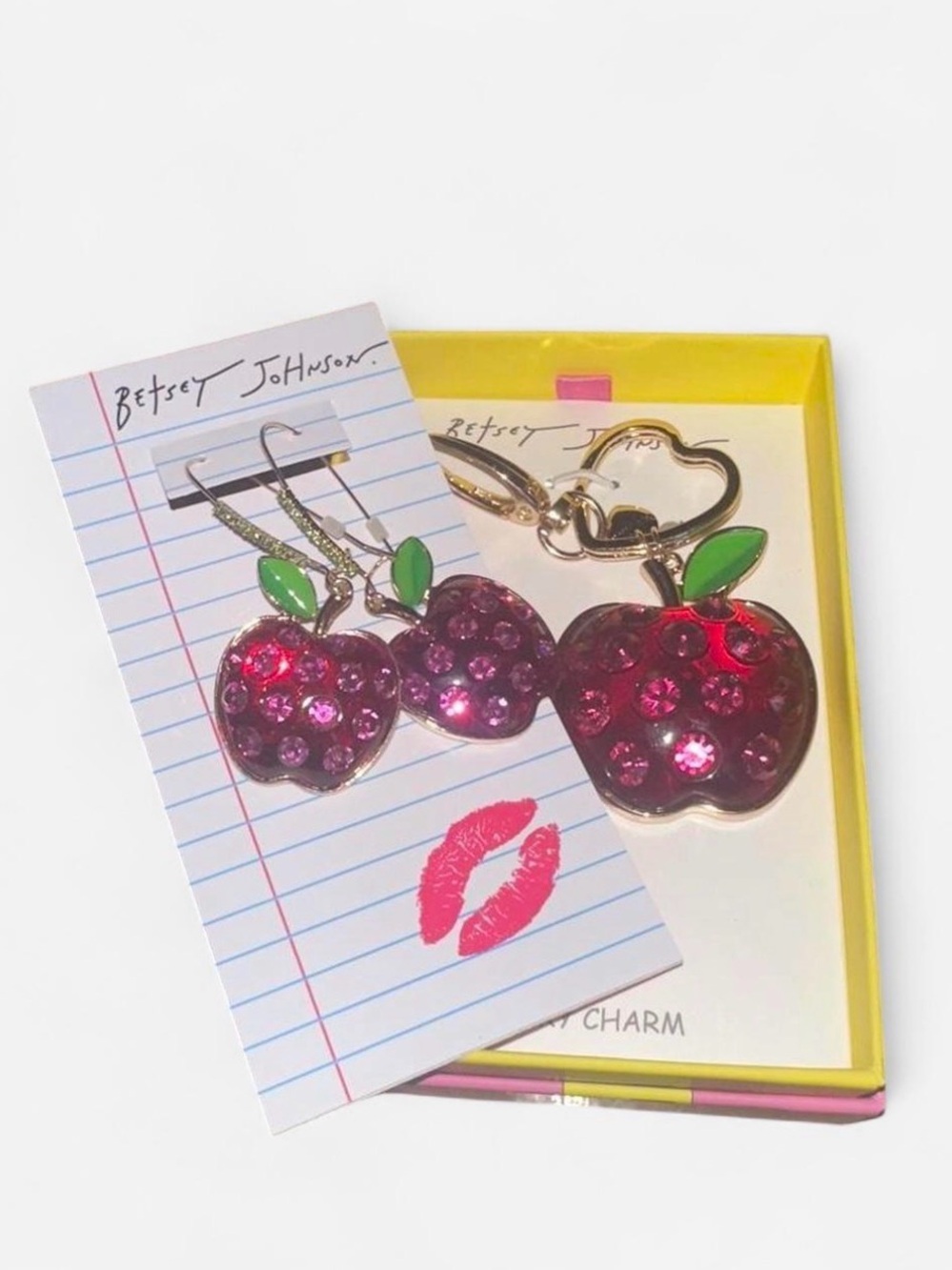 Betsey Johnson Hot Pink Cherry Keychain & Earrings Set